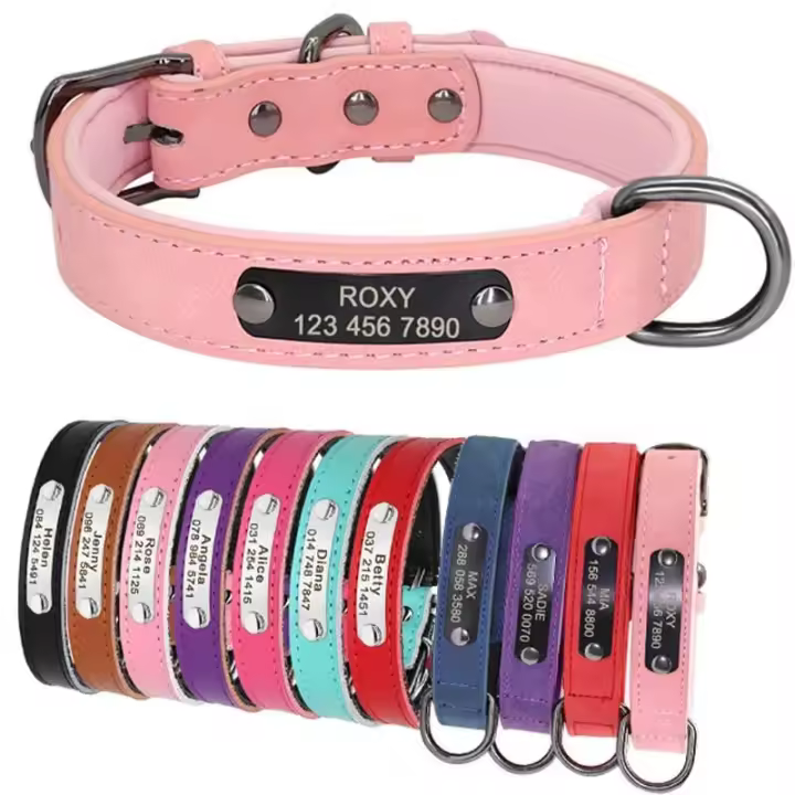 perro personalizado cuero PU, Collar de cachorro personalizado, collares mascotas grabados gratis para perros pequeños, medianos - 1