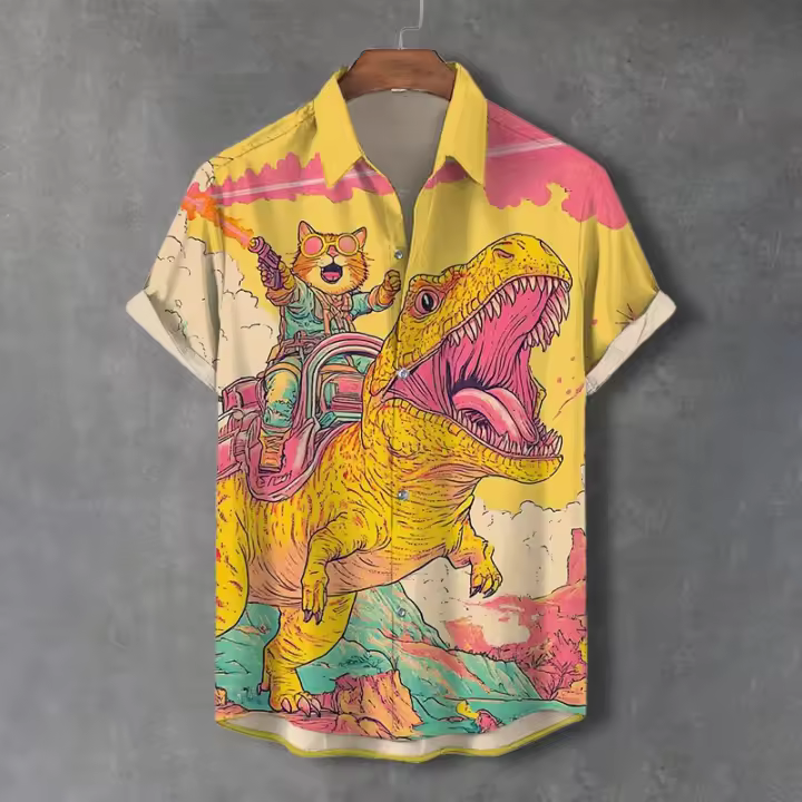 Camisas divertidas para hombre, camisa de solapa con botones de manga corta con gráficos de gato para verano, Tops de gran tamaño, camisas hawaianas informales para hombre - 1