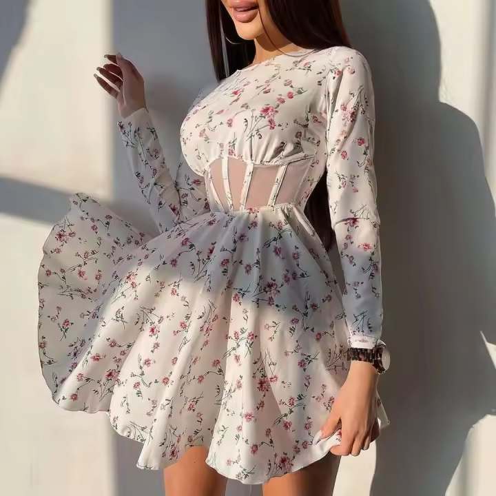 Mini vestido de verano de manga larga con cuello estampado, vestido de mujer con detalles de parche de malla - 1