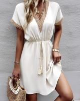 Vestido midi de manga corta con estampado floral para mujer, elegante vestido informal de verano con cuello de pico - details 1