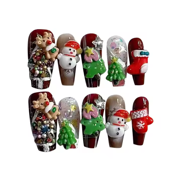 Uñas postizas navideñas hechas a mano, largo medio, con decoración 3D de Papá Noel, hombre de neón y delfín, regalo de uñas postizas - 1
