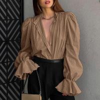 Camisas con mangas abullonadas para mujer, Top holgado de Color sólido, blusas elegantes con cuello levantado para primavera y otoño - details 3