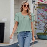 Tops elegantes de Color sólido para mujer, blusa holgada de manga corta, nueva camisa de gasa con cuello redondo para mujer - details 17