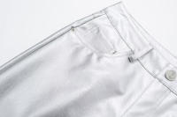 Pantalones de cuero Pu plateados para mujer, Pantalones rectos delgados con cremallera de cintura alta, moda - details 6