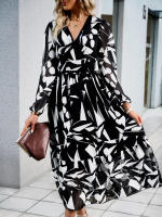 Vestido de manga larga con cuello en V estampado informal para vacaciones de otoño a la moda para mujer - details 23