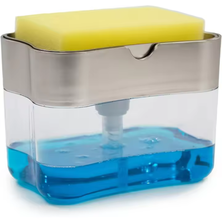Dispensador de jabón de plato y soporte de esponja para fregadero de cocina, esponja incluida, 13 onzas, plata metálica - 1