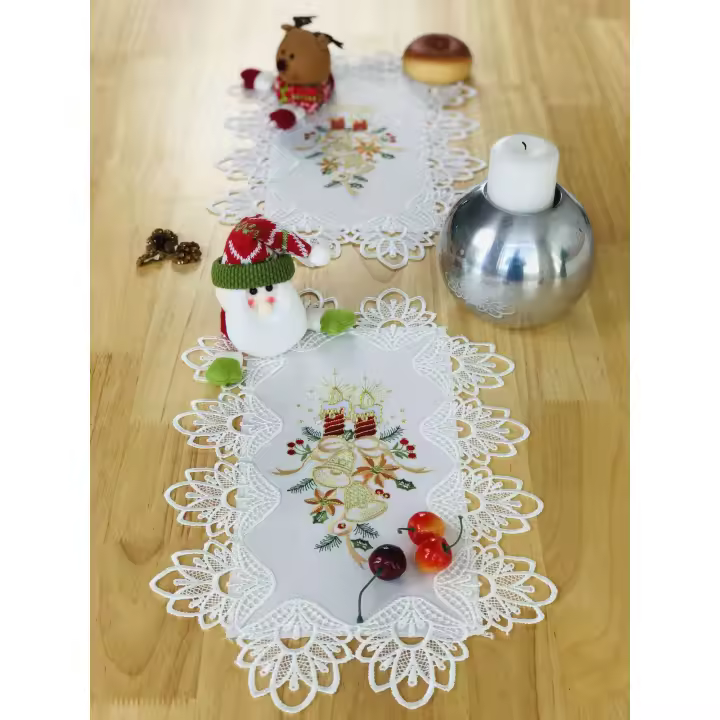 Mantel blanco ENCE para decoración, funda de cojín con campanas bordadas, velas, camino de mesa navideña, vacaciones personales - 1