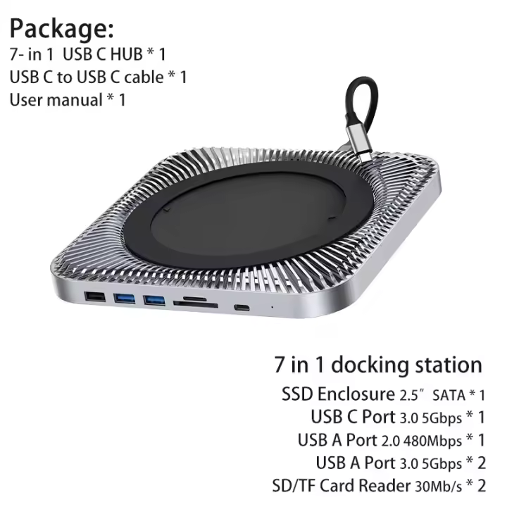 Soporte de estación de acoplamiento MAC MINI M1 con disco de almacenamiento externo y 4 puertos USB C HUB lector de tarjetas SD/TF carcasa SATA SSD HDD de 2,5 pulgadas - 1
