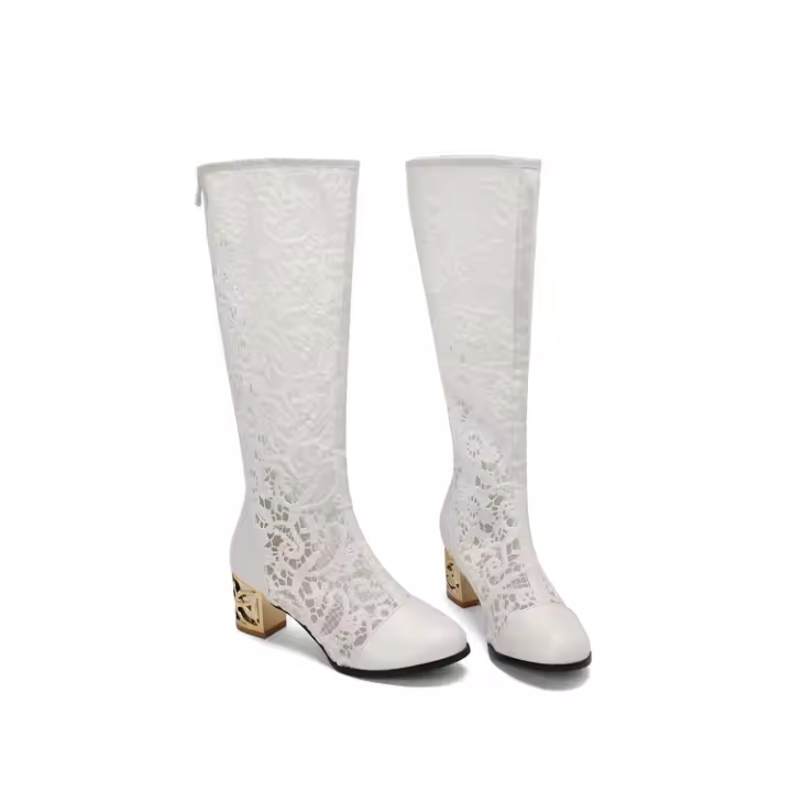 Botas de empalme de malla para primavera/verano 2025, nuevas botas geniales de tacón medio con cremallera trasera y punta redonda para mujer - 1