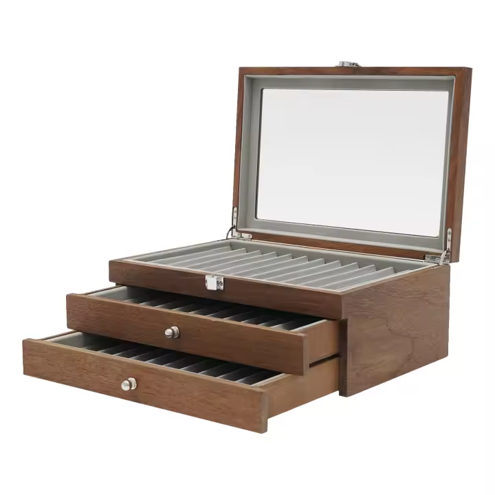 Caja para lápices, 34 ranuras, caja de almacenamiento con ventana de visualización, caja de madera, caja de portátiles (nogal) - 1