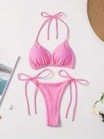 Conjunto De Bikini De Dos Piezas De Moda De Color Sólido, Con Cuello Halter, Triángulo Sin Espalda Y Lazos Laterales - details 9