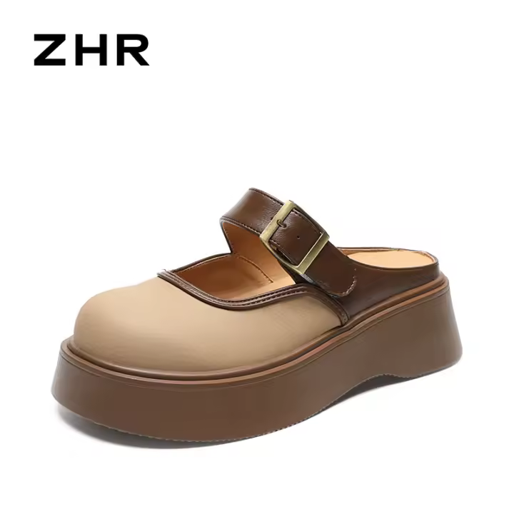 Medias zapatillas de suela gruesa para mujer, nuevos zapatos perezosos de un pedal con velcro de medio arrastre baotou de verano - 1