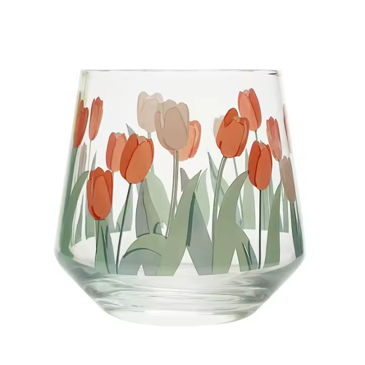 Taza de Vidrio Estilo Ins de Alta Valor Patrón de Tulipan Ideal para Desayuno de Niña Bonita - 1