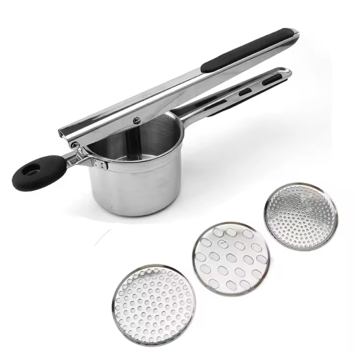 Machacador de patatas de acero inoxidable, herramienta multiusos de cocina para el hogar, diseño de agujeros colgantes plateados, 1 piezas - 1