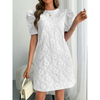 Vestido de verano nuevo para mujer con mangas abullonadas, textura jacquard y cuello redondo. - details 10