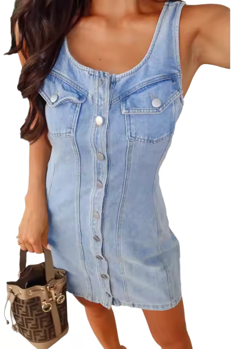 Elrachen Mini vestido vaquero para mujer, frente abotonado con bolsillos en el pecho, azul claro, tallas S-XL - 1