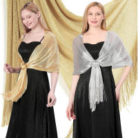 Mujer con hebilla de metal brillante, elegante bufanda bordada con flecos, para eventos nocturnos de comuniones - details 4