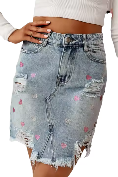 Elrachen Minifalda vaquera desgastada con estampado de corazones brillantes para mujer, Beau Blue, tallas S-XL - 1