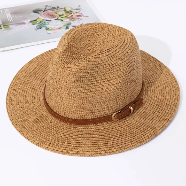 Sombrero de copa de jazz para mujer, sombrero de protección solar y sombrilla tejido de paja para primavera y verano para hombre y mujer - 1