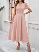 Primavera Verano elegante cintura con cuello en V Color sólido vestido de manga corta moda mujer - details 24