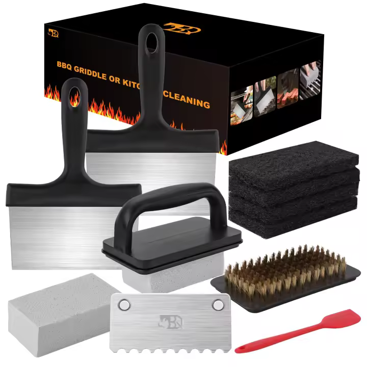 Kit de limpieza de plancha de 14 piezas, kit completo de accesorios para parrilla superior plana con raspador, ladrillo de limpieza, estropajos, fácil de quitar manchas - 1