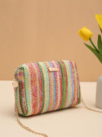 Verano 2025 Bolso bandolera tejido de paja con bloques de colores, bolso de hombro informal de moda, bolso de cadena para mujer, bolso cuadrado de moda para vacaciones en la playa, bolsos cruzados, bolsos únicos - details 0