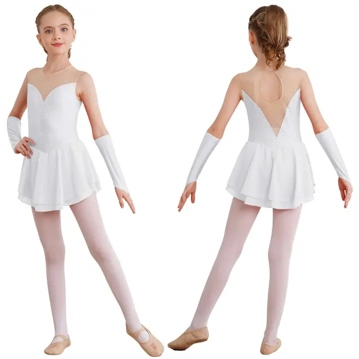 Niños artístico patinaje artístico danza con guantes brillantes Rhies m gimnasia leotardo vestido de tutú de ballet lírico - 1
