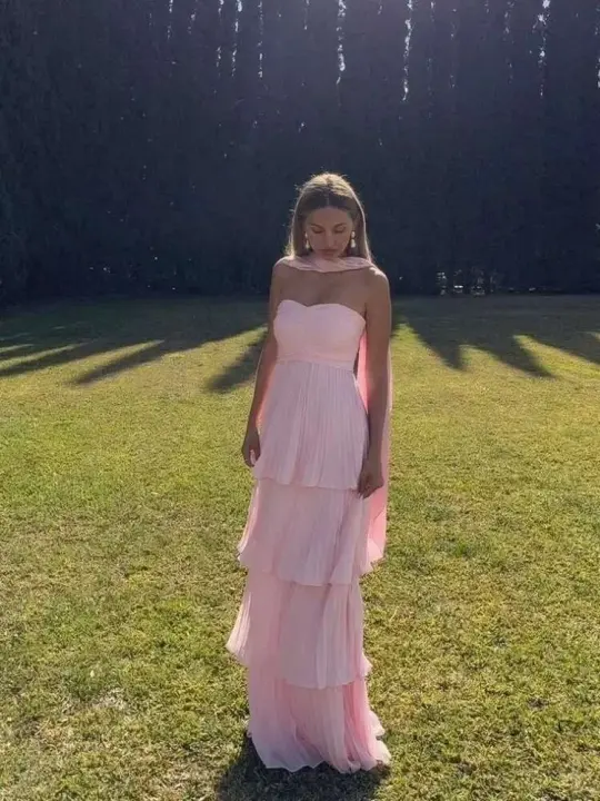 Vestido plisado sin mangas con espalda descubierta para mujer, vestido elegante rosa con cuello de bufanda y borde curvado en capas, Vestidos de fiesta de boda para señora nueva - 1