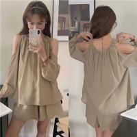 Blusa de verano a cuadros extragrande 2024 para niñas, traje de mujer, camisa de manga larga, pantalones de pierna ancha de cintura alta, trajes de dos piezas con pantalones cortos - details 1
