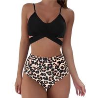 Traje de baño dividido de cintura alta para mujer, bikini multicolor con estampado de cuello halter cruzado - details 1