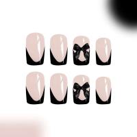 24 piezas de uñas cortas con lazo de almendra, perlas blancas y negras, puntas francesas dulces, uñas postizas artificiales - details 2