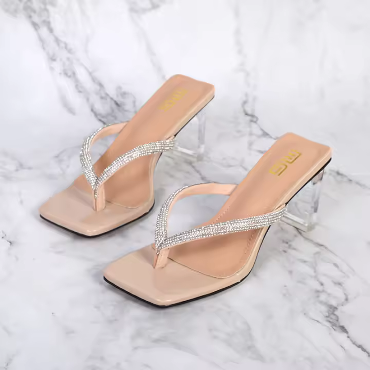 Sandalias de tacón alto con diamantes de imitación y punta cuadrada de moda - 1
