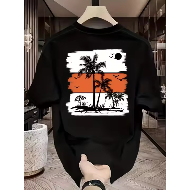 Camiseta Casual de Algodón Hecha en España 100% Gráfico de Palmeras Tropicales y Atardecer - 1