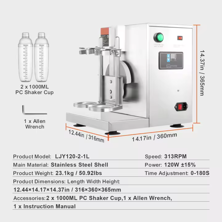 SucceBuy Máquina para hacer batidos, Coctelera de té con leche comercial de 120 W, Mezclador de doble cabezal, Ajustable de 0 a 180 s, Ideal para tiendas de té con leche - 1