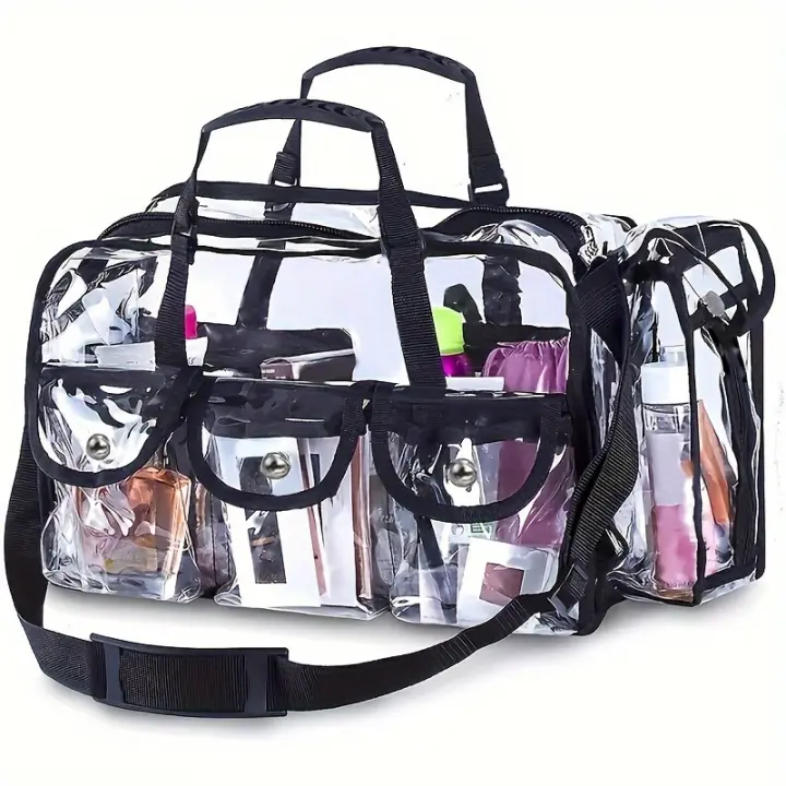 Bolsa organizadora de maquillaje Unisex impermeable, transparente, espaciosa, resistente con correa ajustable y bolsillos externos - 1
