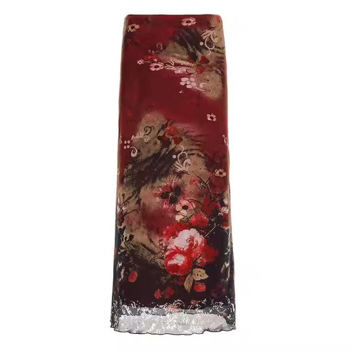 BUNO-faldas de malla florales Vintage para mujer, faldas largas rectas ajustadas de estilo chino de cintura media, ropa de calle de moda de verano 2025 - 1
