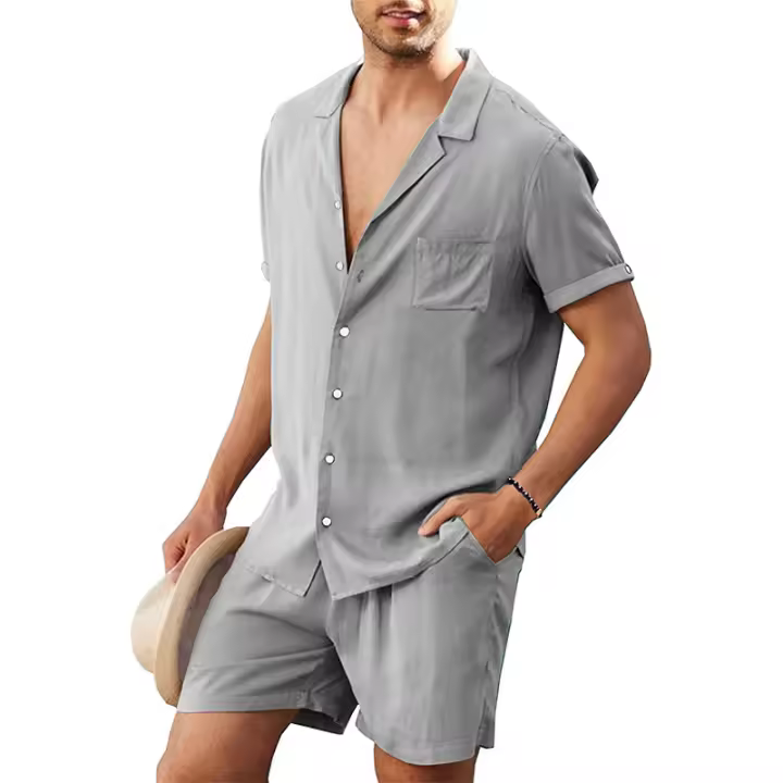 Camisa de lino de manga corta para hombre, traje de lino informal de verano - 1
