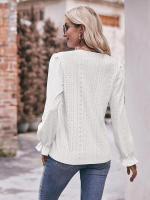 Blusa de gasa de retazos de encaje para mujer, camisa elegante informal de manga larga con cuello en V, trabajo de oficina, moda - details 13