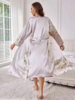Conjunto de traje casual floral de satén de seda, bata con cinturilla, pijama, conjunto de ropa de dormir de dos piezas para todas las estaciones - details 17