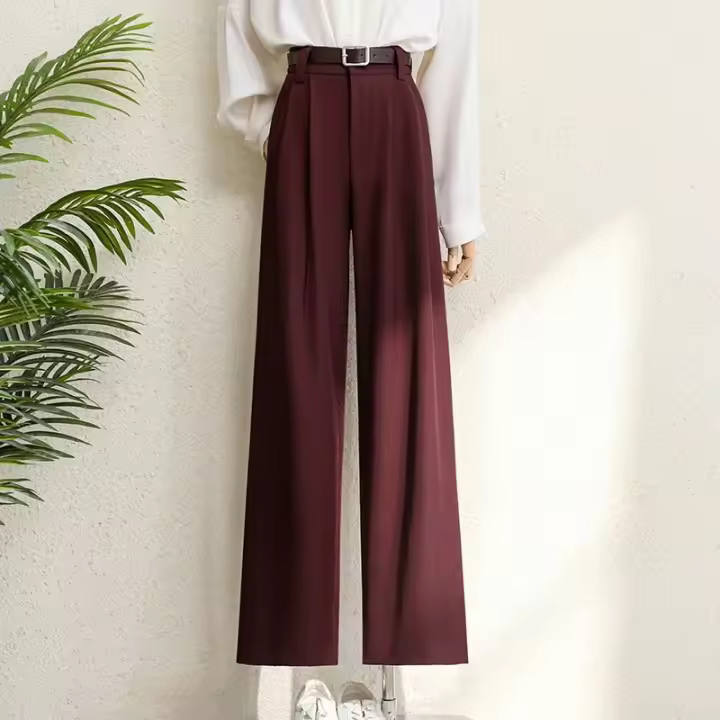 Shoufeistore Primavera 2025 Nuevos Trajes Color Borgoña Pantalones Para Mujer Oficina Señora Elegante Cintura Alta Pierna Ancha Pantalones De Moda Con Bolsillos Negro Gris - 1