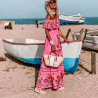 Vestido Largo para Mujer Verano 2025 Escote Palabra de Honor con Estampado de Flores Rojas - details 18