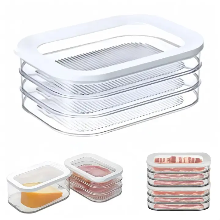 Contenedor de almacenamiento apilable para tocino, caja de almacenamiento para refrigerador de alimentos sellada transparente con tapa, contenedor de tres capas para jamón y queso - 1