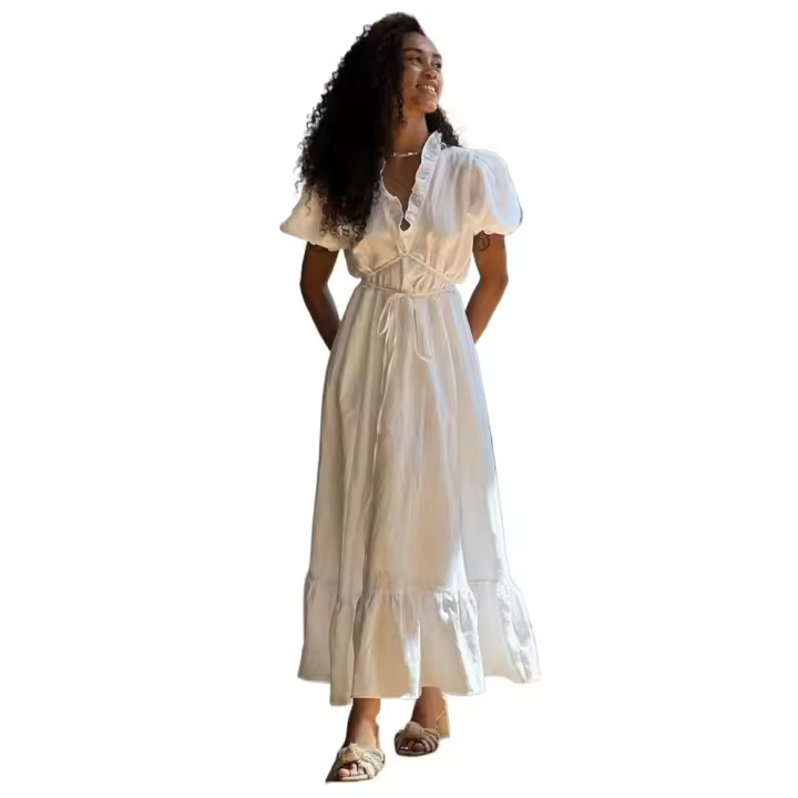 Vestidos elegantes de algodón blanco para mujer, ropa de manga corta con cuello en V y cordones, holgada hasta el tobillo, verano - 1