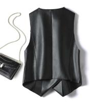 Chaleco negro de cuero PU suave para primavera y otoño, chaqueta elegante sin mangas, oficina con botones dobles, 2024 para mujer al aire libre - details 9