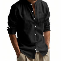 Camisa de lino de primavera y otoño, manga larga, cuello alto, transpirable, pegatina informal, camisa de bolsillo, hombres - details 21