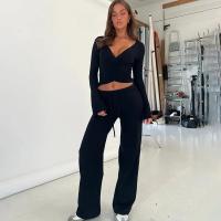 Conjunto de 2 piezas de pantalón superior para mujer, Top elegante con cuello en V y manga larga, pantalones con cintura elástica con cordones, trajes para mujer 2025 - details 15