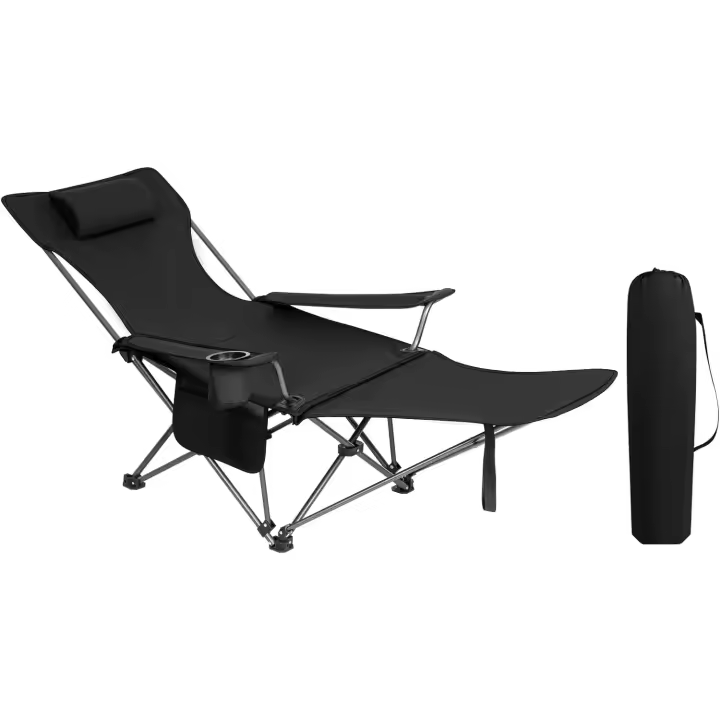 Silla Camping Plegable, Tumbona Camping Portátil con Portavasos, Reposacabezas y Bolsa Lateral, Marco de Acero, Carga Máxima 150 kg, para Picnic, Playa, Jardín, Pesca, Negro - 1