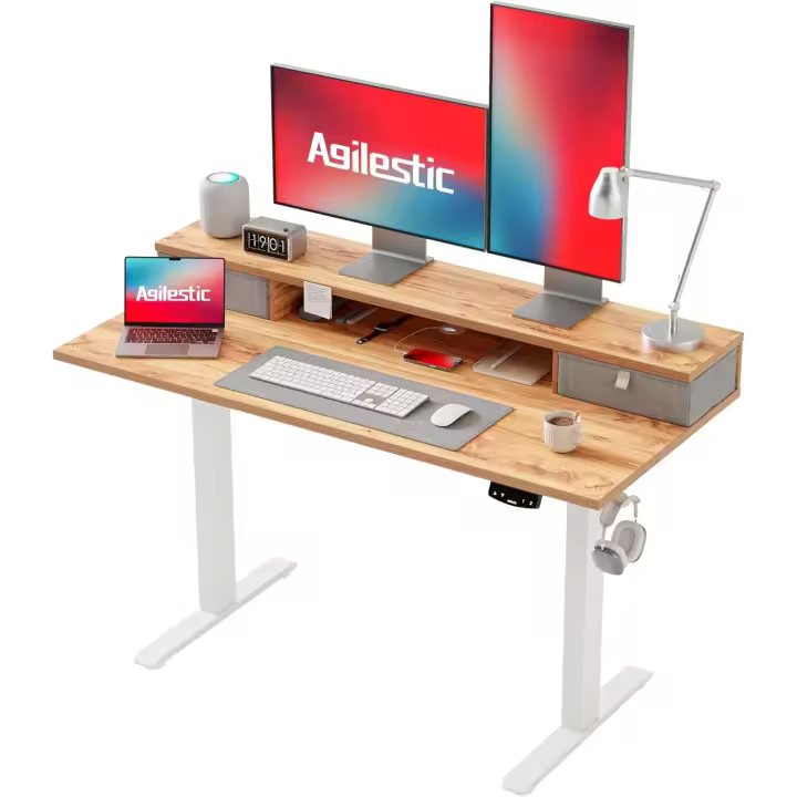 Escritorio Regulable en Altura con 2 cajones, 120 x 60 cm Escritorio Estable Eléctrico Regulable en Altura, Escritorio ergonómico de bipedestación Escritorio para Ordenador, Marrón Claro - 1