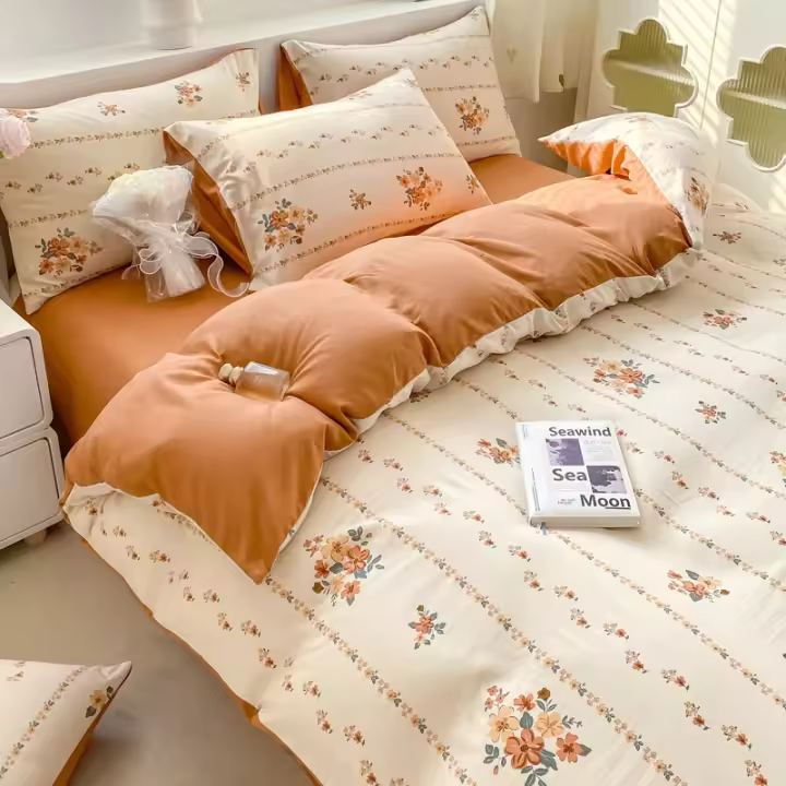 Tiendas Juego de cama floral retro coreano Juego de sábanas de algodón 100% lavado Funda nórdica suave Ropa de cama Funda de almohada Individual Doble Queen King - 1