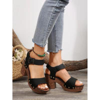 Sandalias de plataforma de tacón alto para Mujer, zapatos de cuero sintético con remaches, zuecos con hebilla en el tobillo, verano, 2024 - details 12